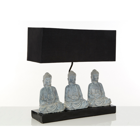 The 3 Wise Buddha’s Lamp, Sleek Rectangular Black Plinth, on a Slim Metal Rod - The Happy Den