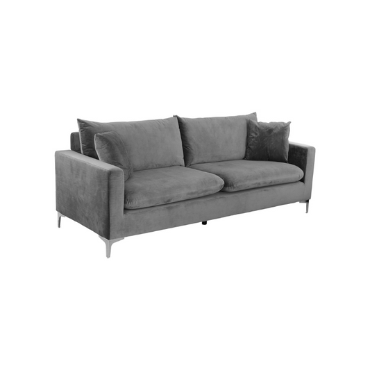 Classic Jessie Grey 3 Seater Sofa, Grey Fabric, Chrome Legs, Folding Headrest - The Happy Den