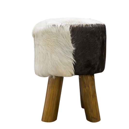 Kampala Round Stool, Goat Hide, Teak Wooden Legs