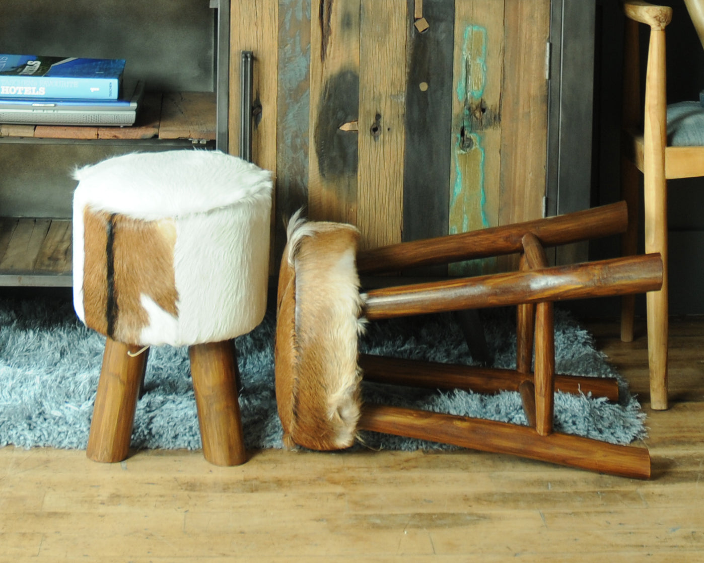 Kampala Round Stool, Goat Hide, Teak Wooden Legs