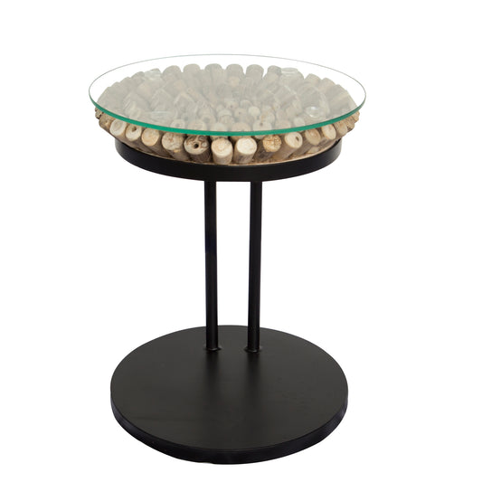 The Iona Staccato Table, Driftwood, 60cm higH, Black Metal Base, Glass Top