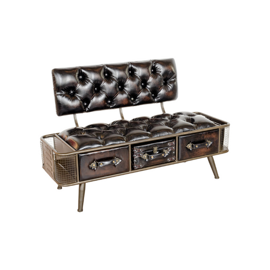 Steam Punk Style Bench, Metal Frame, Brown Leather Look - The Happy Den