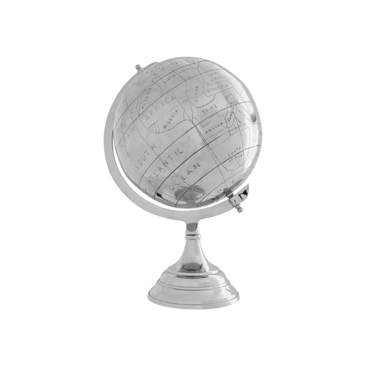 Sylvester Silver World Globe, Available in Small or Large, Sleek Nickel Finish - The Happy Den