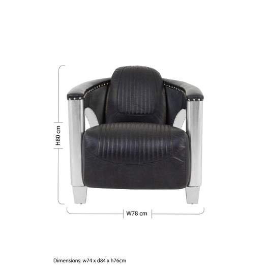 The Masters Armchair, Black Leather on Silver Metal, The Ultimate Man Cave Chair - The Happy Den