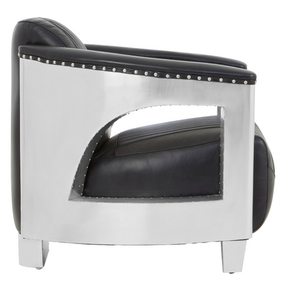 The Masters Armchair, Black Leather on Silver Metal, The Ultimate Man Cave Chair - The Happy Den