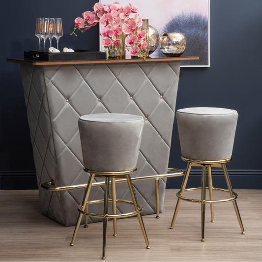 The Priscilla Bar, Grey or Blue Velvet with 2 Gold Stools