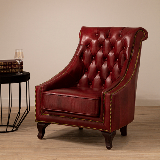 The Red Ray Leather Armchair, Walnut Wood Legs
