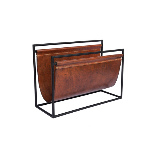 The Vinny Magazine Rack, Red Leather Sling, Metal Frame, 50cm Wide, 35cm High - The Happy Den