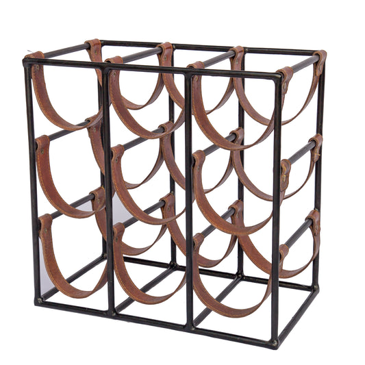 The 9 Wines, Luxury Wine Rack, Leather & Metal Square Frame - The Happy Den