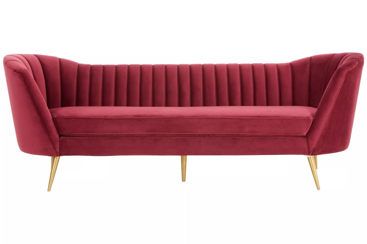 The Dinky, Chic 3 Seater Sofa, Red Wine Colour, Gold Legs