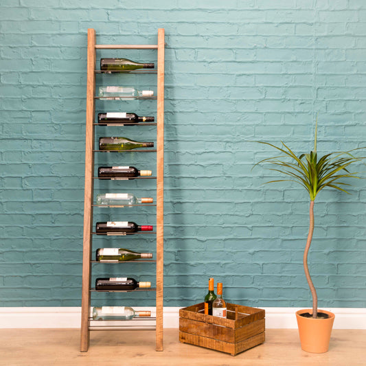 Luxury Ladder Wine Rack, Holds 9 bottles, Wood & Steel - The Happy Den
