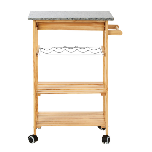 Penny Pinewood Trolley, Granite  Top, Holds 4 bottles of Wine, on Wheels, Bar Table Companion