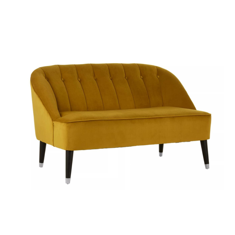 Gold Spice Sofa, Yellow Velvet, Black legs, Silver Base, Buttons