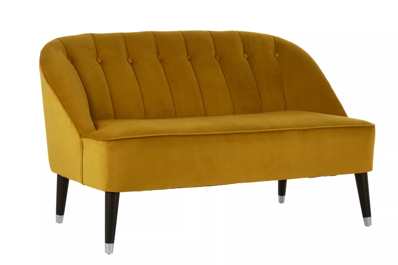 Gold Spice Sofa, Yellow Velvet, Black legs, Silver Base, Buttons