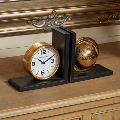 The Two Wise Bookends,  Clock & Globe, Black & Gold