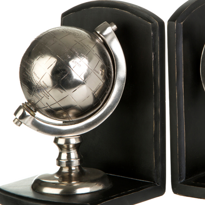 The Two Silver Worlds - 2 Book Ends. Black Wood, Silver Globes, 16cm Tall - The Happy Den