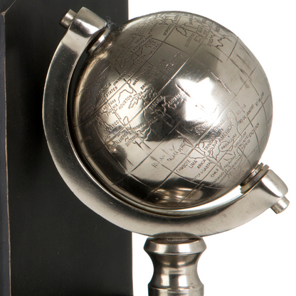 The Two Silver Worlds - 2 Book Ends. Black Wood, Silver Globes, 16cm Tall - The Happy Den